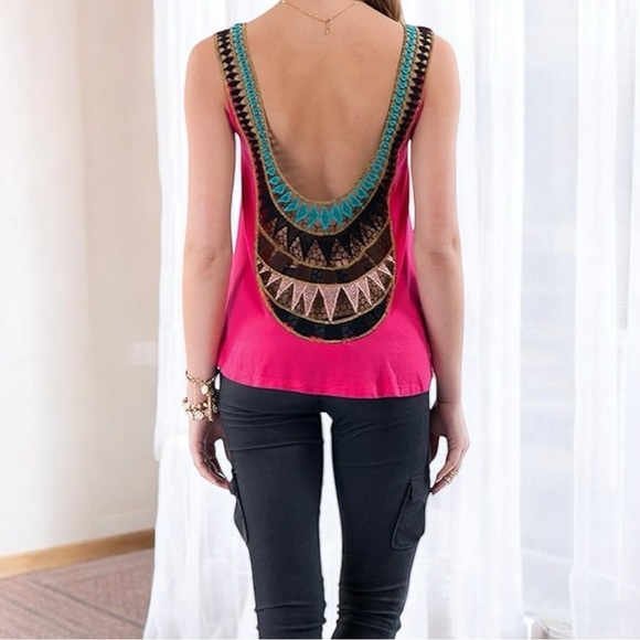 Altar'd‎ State Bright Pink Crochet Back Teal, Black, Gold Cropped Tank - Picture 1 of 6